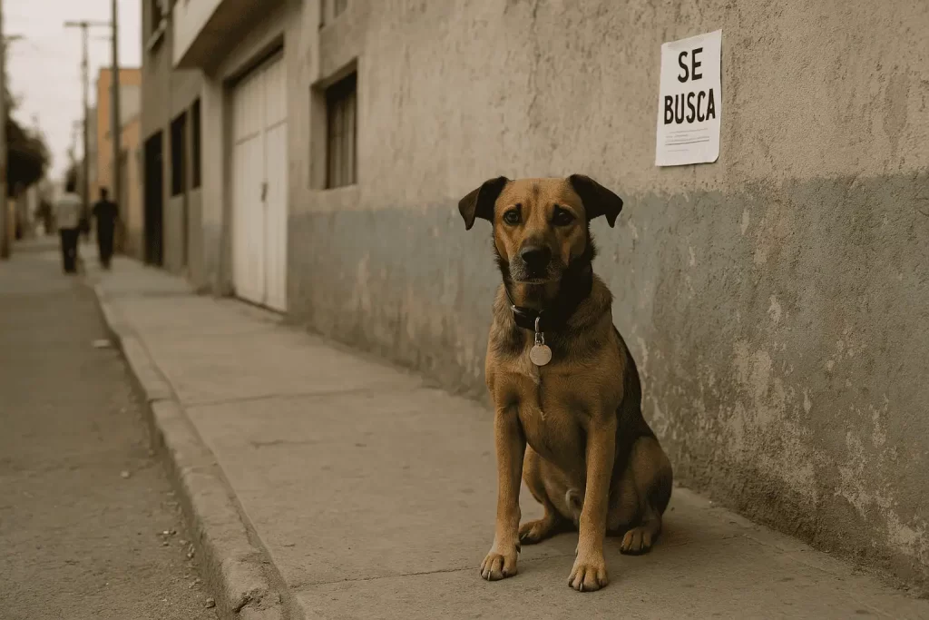 Perro con collar en la banqueta mirando hacia una casa urbana.