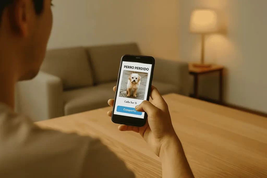 Persona compartiendo desde su celular una ficha de perro extraviado