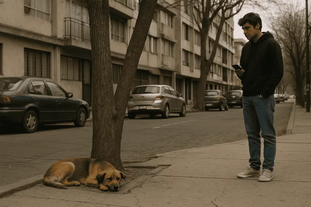 Persona observando con cautela a un perro recostado en una calle urbana