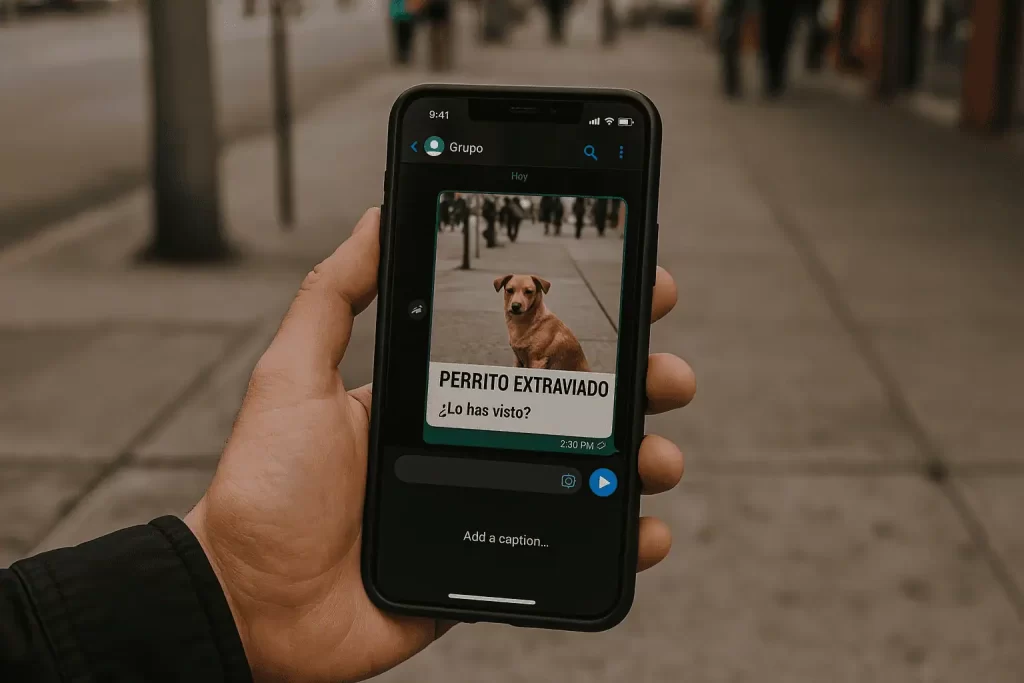 Celular mostrando cómo compartir una ficha de perro perdido desde WhatsApp