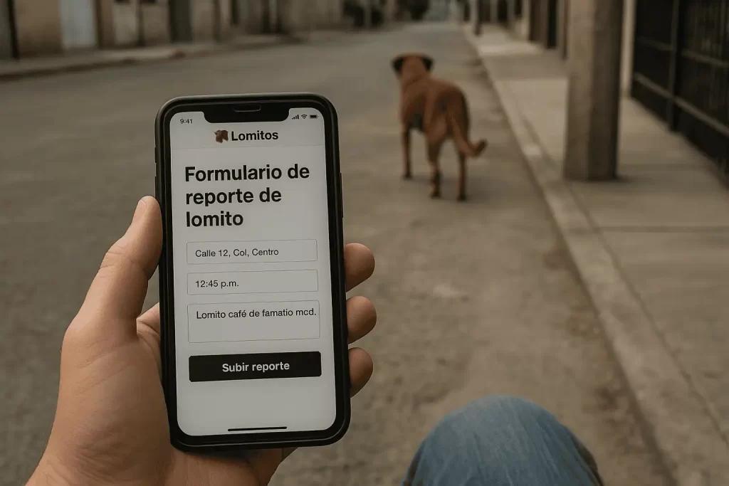 Pantalla de celular mostrando el formulario de Lomitos para reportar un lomito perdido