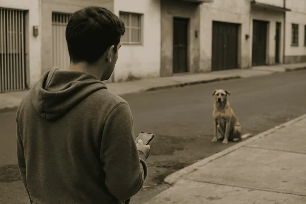 Persona observando a un perro desde la banqueta antes de intervenir.