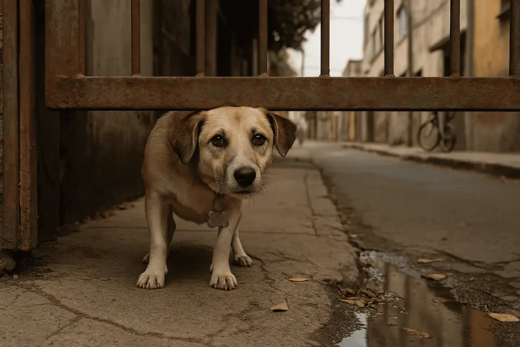 un perro que se escapa mirando por debajo de una reja mal cerrada en la Ciudad de México
