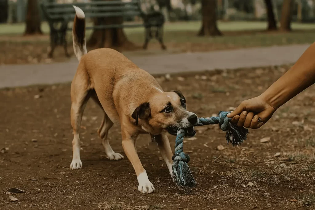 Perro mestizo jugando con cuerda en parque urbano de Guadalajara