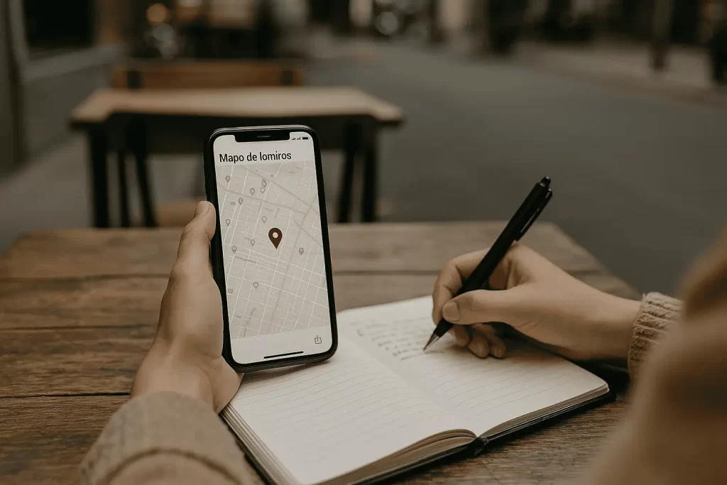 Persona revisa el mapa de lomitos desde su celular en una cafetería