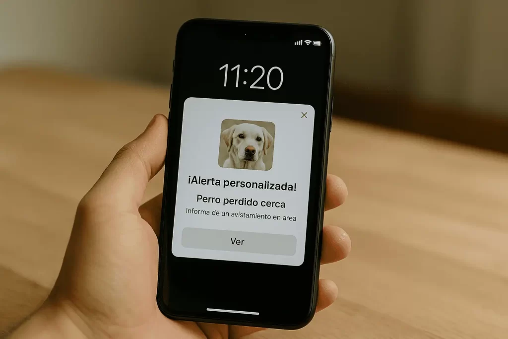 Pantalla de celular mostrando una alerta personalizada sobre un perro perdido en la zona.