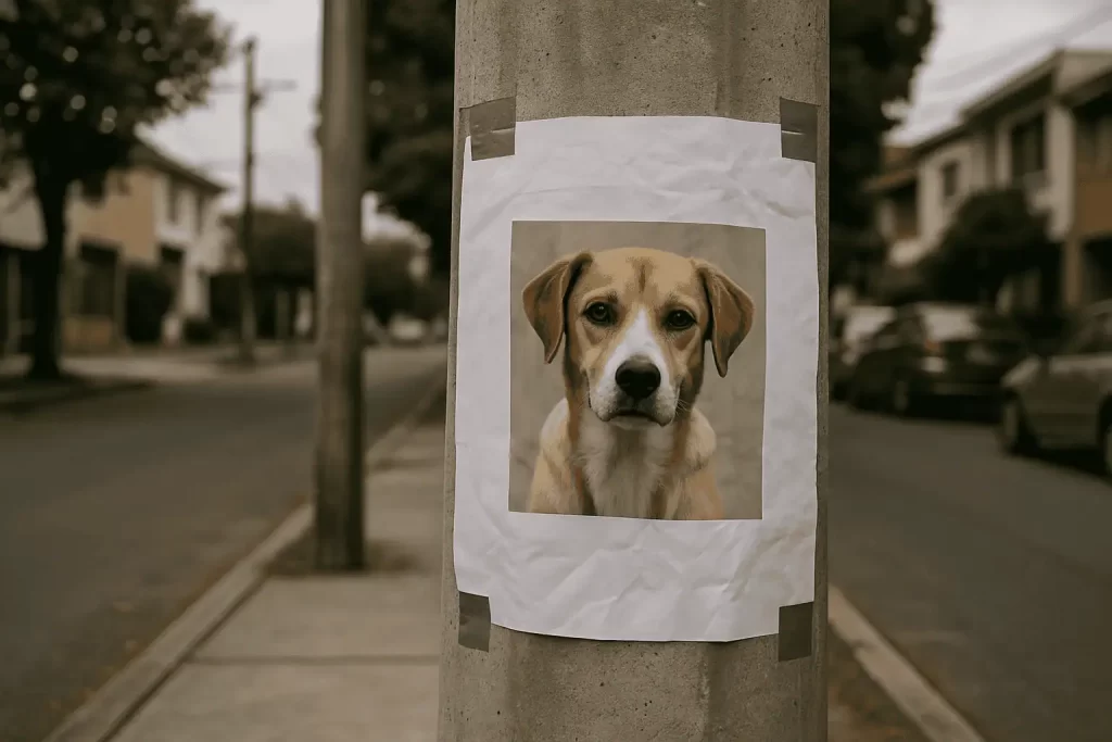 Cartel de perro perdido pegado en poste con fotografía visible