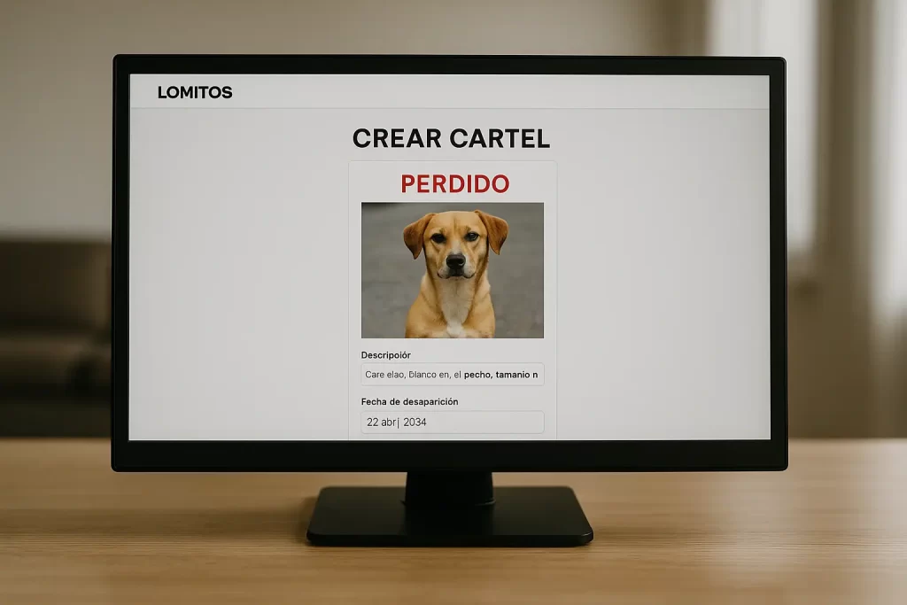Vista de cartel digital de perro perdido generado desde una computadora para ayudar sin salir de casa.