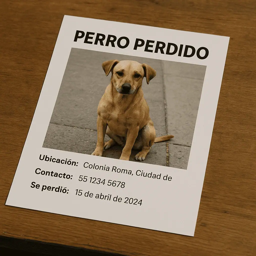 Cartel impreso de perro perdido sobre una mesa, listo para compartirse o pegarse.