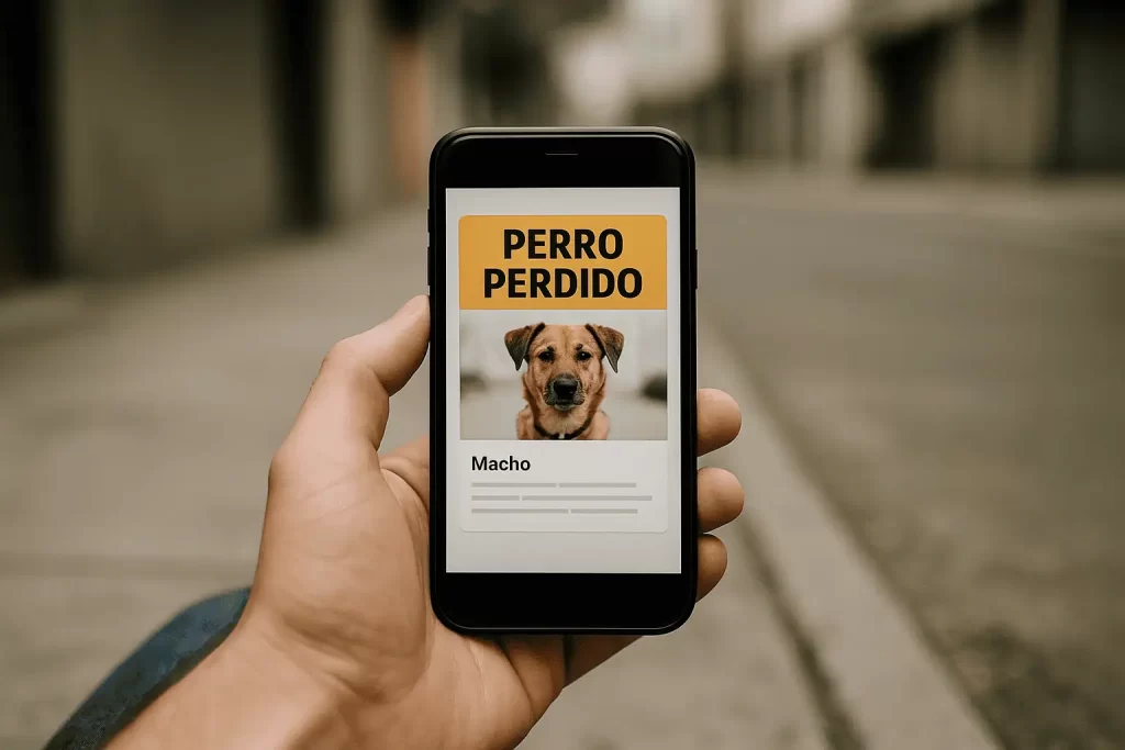 Cartel digital de perro perdido desplegado en la pantalla de un celular.