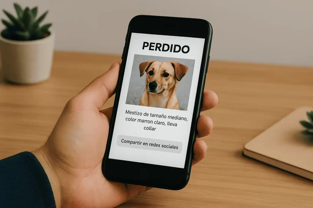 Compartir cartel de perro perdido desde el celular en redes sociales.