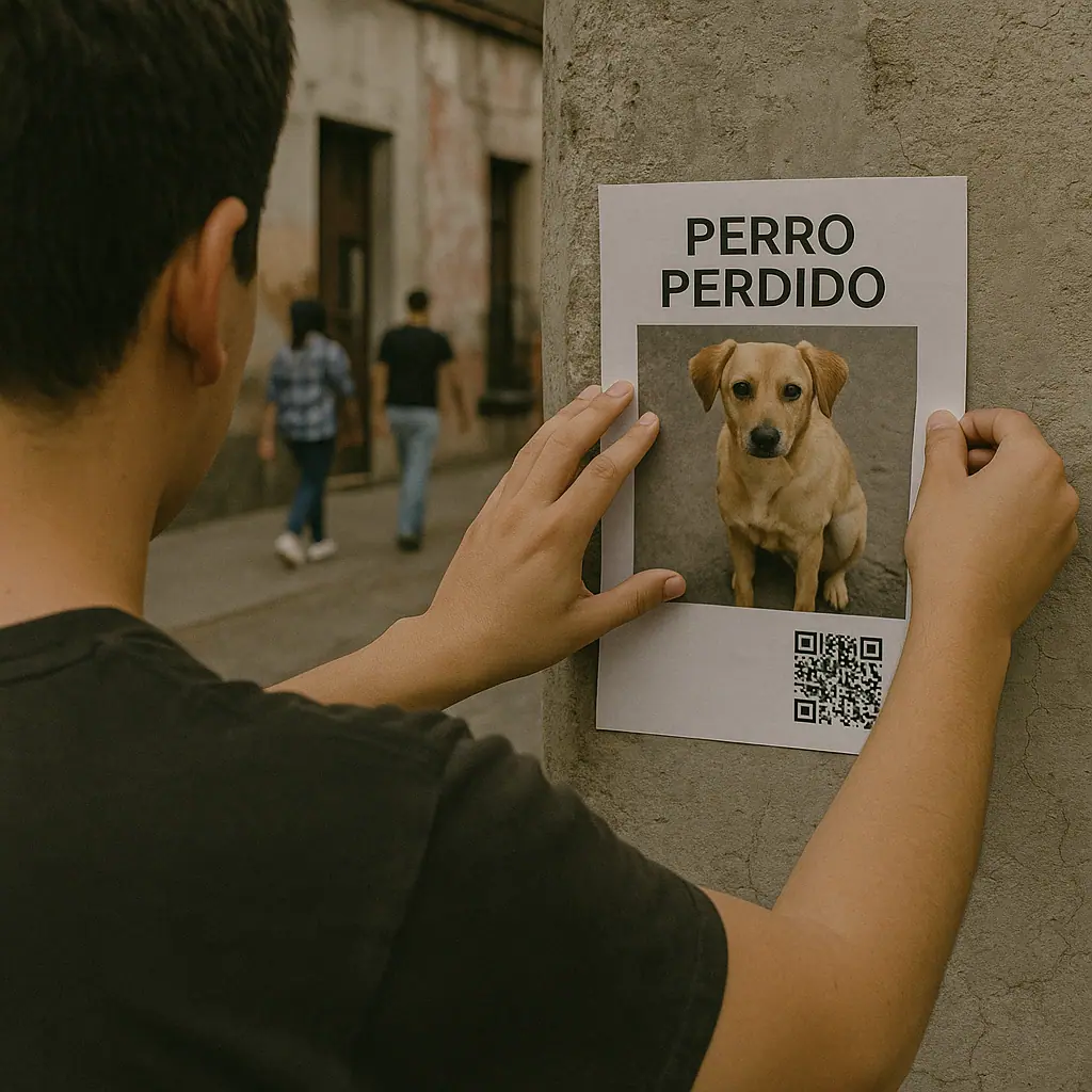 Persona colocando un cartel de perro perdido en la calle para ayudar a su localización.