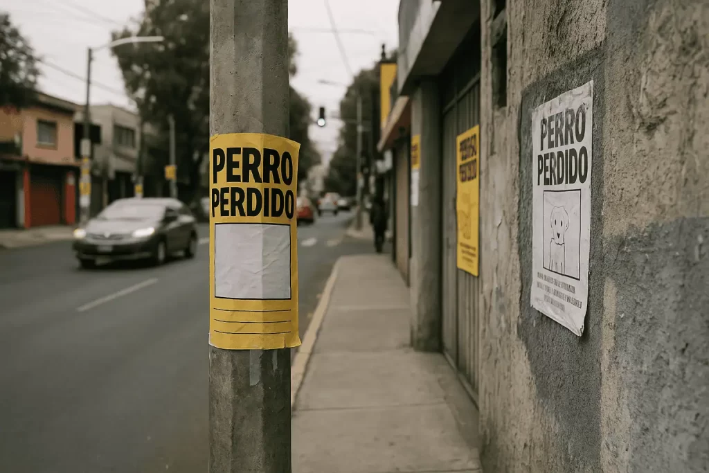 Carteles de perro perdido visibles en postes de una avenida