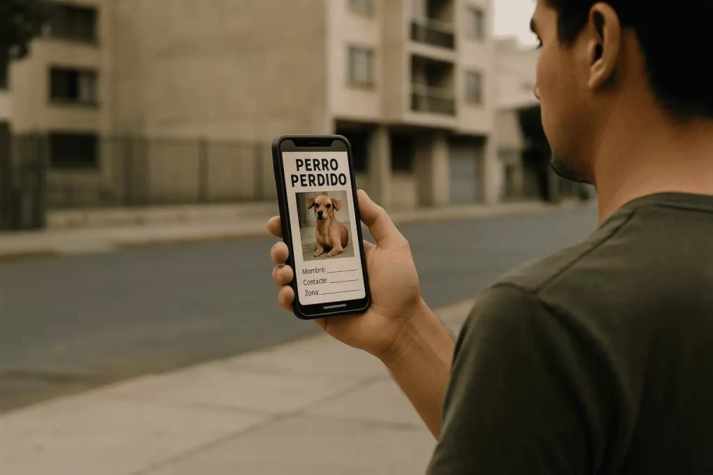 Voluntarios digitales generando y compartiendo carteles de perros perdidos desde su celular.