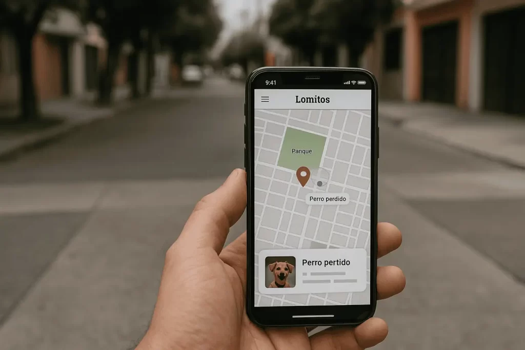 Mapa interactivo de Lomitos mostrando un perro perdido cerca de un parque en CDMX.