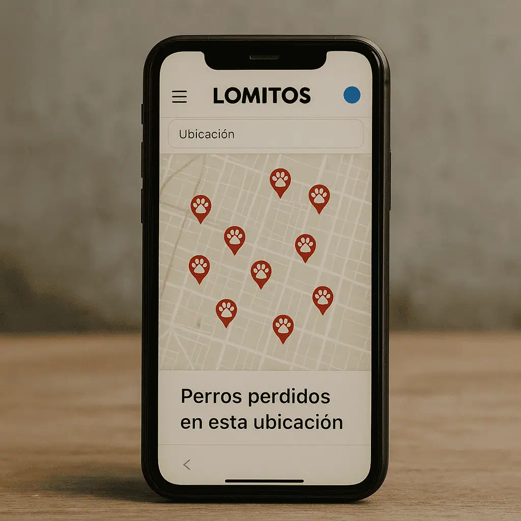 Mapa en celular mostrando múltiples ubicaciones de perros perdidos marcadas con huellitas rojas.
