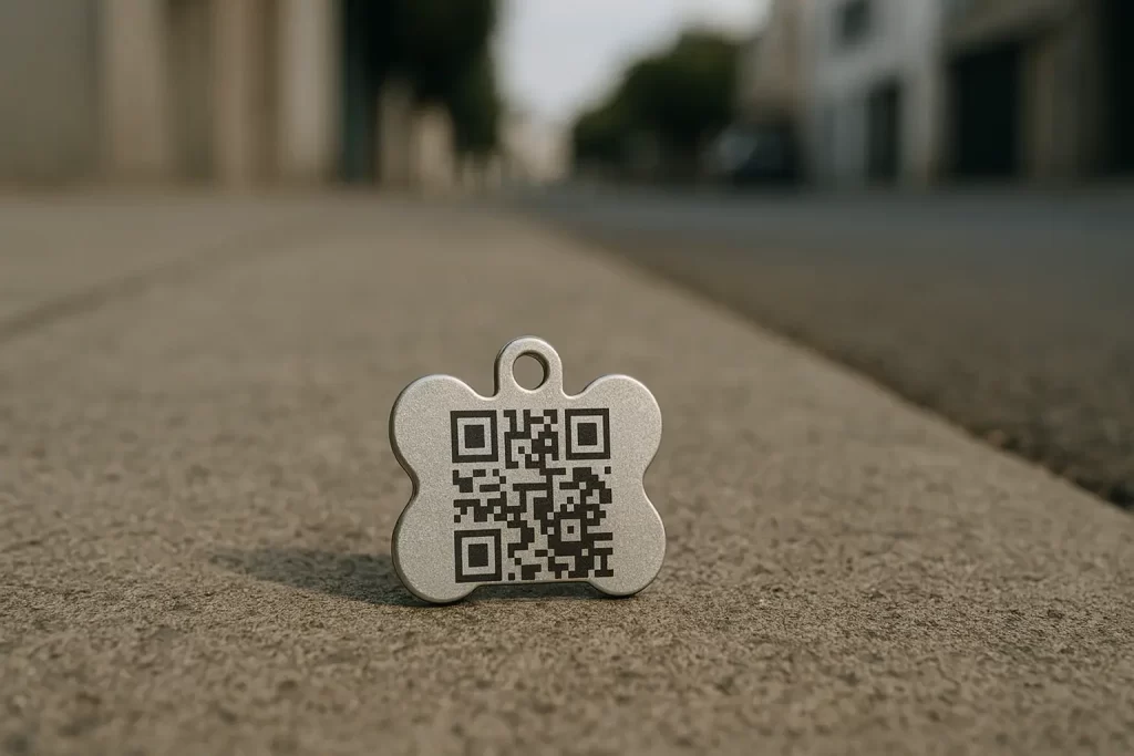 Placa para perro con código QR en la banqueta