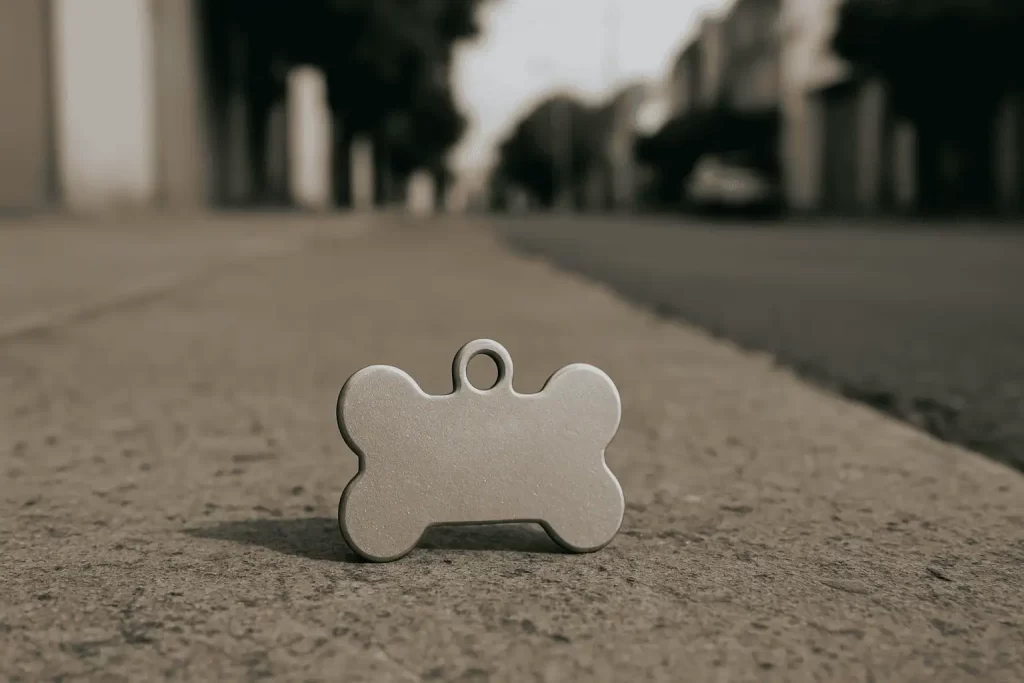 Placa para perro sin grabado sobre el pavimento