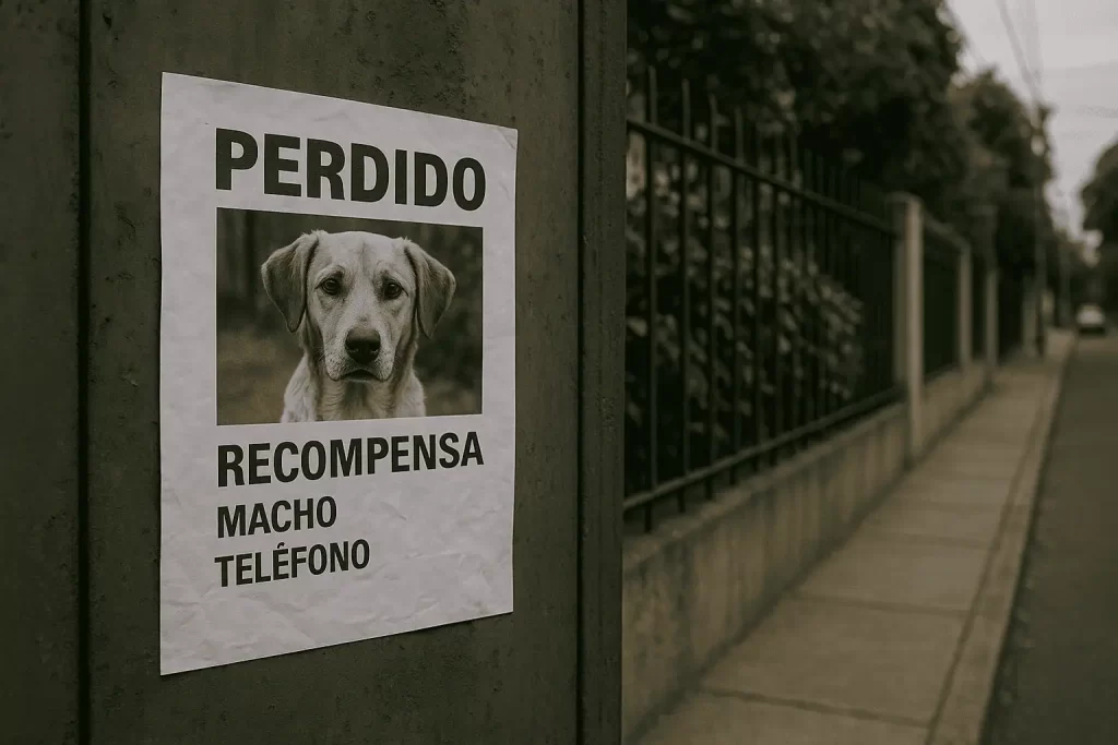 Cartel de perro perdido con foto y palabra “Recompensa”