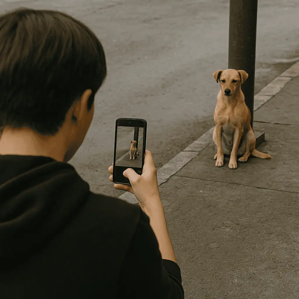 Joven fotografiando a un perro en la calle para reportarlo como perdido.