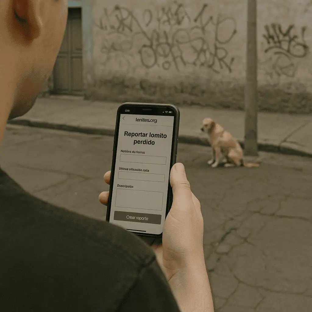 Persona usando el celular para reportar un perro en la calle desde la app de Lomitos.