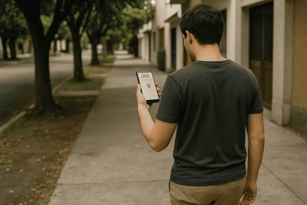 Alt text: Persona revisando el mapa de perros perdidos en el celular con la app de Lomitos