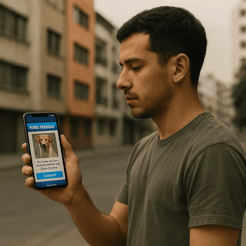 Voluntario digital revisando reportes de perros perdidos desde su celular para ayudar en la búsqueda.