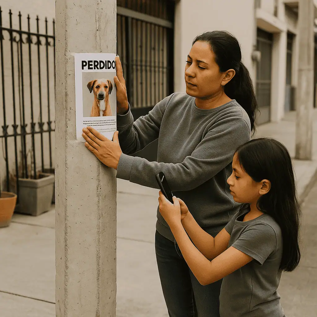 Mujer y niña colocando un cartel de perro perdido en un poste