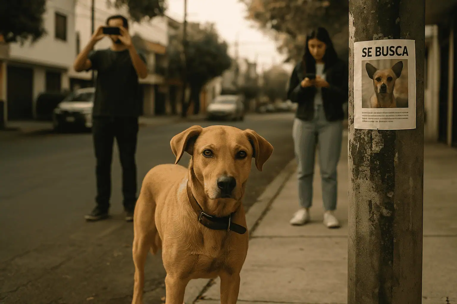 Perro perdido en la calle con vecinos tomando fotos del cartel