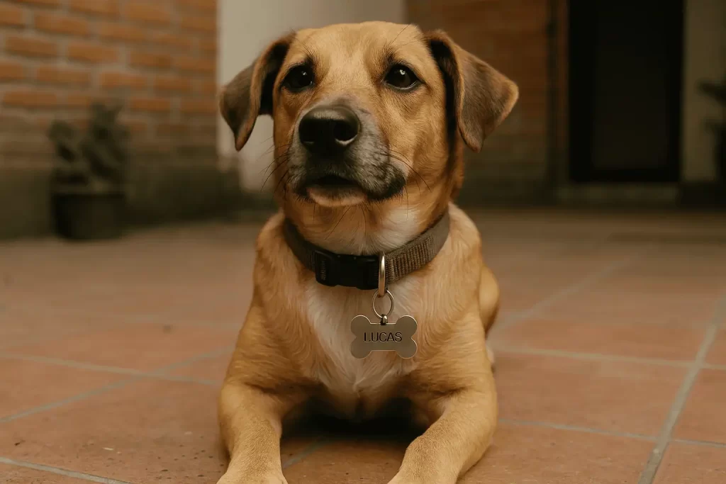 Perro con placa de identificación en forma de hueso
