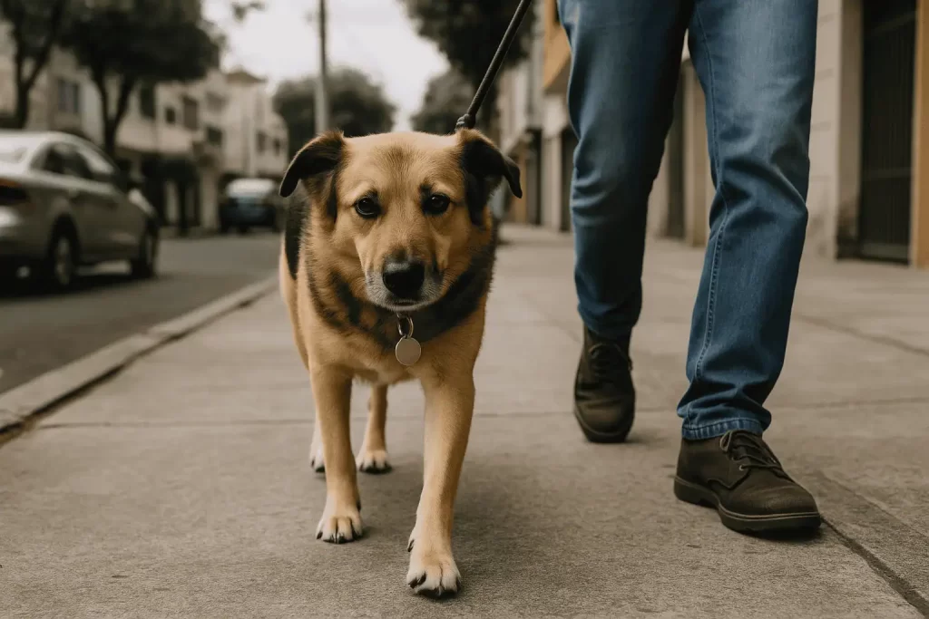 Perro con correa caminando junto a su dueño por la calle