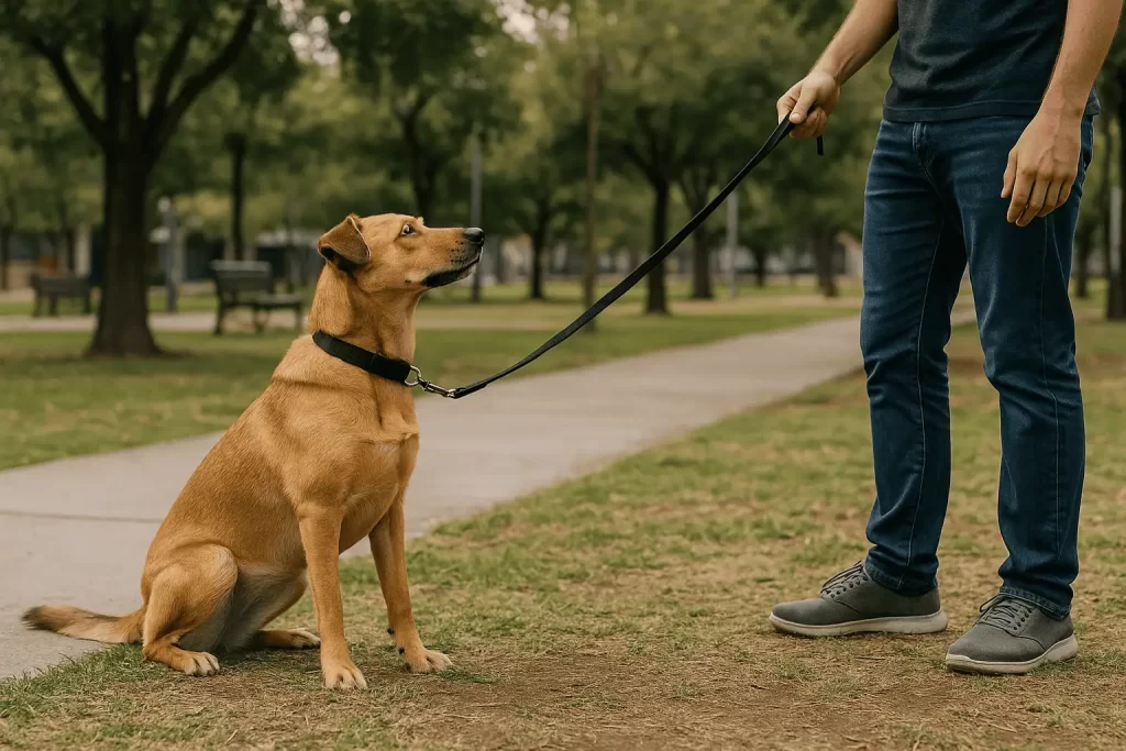 Perro sentado con correa, atendiendo a su dueño en un parque