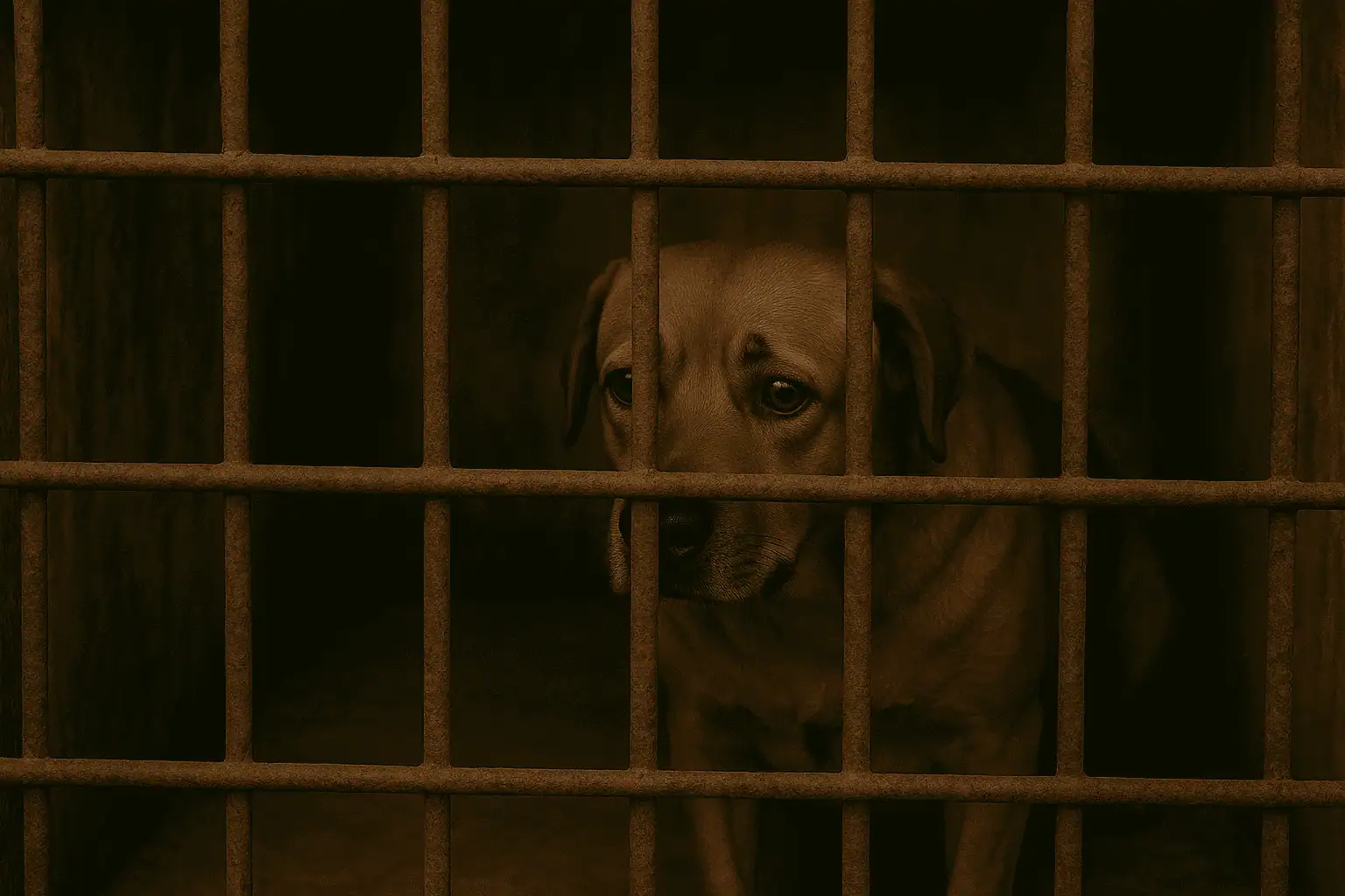 Perro con mirada triste tras las rejas esperando ser rescatado del maltrato.
