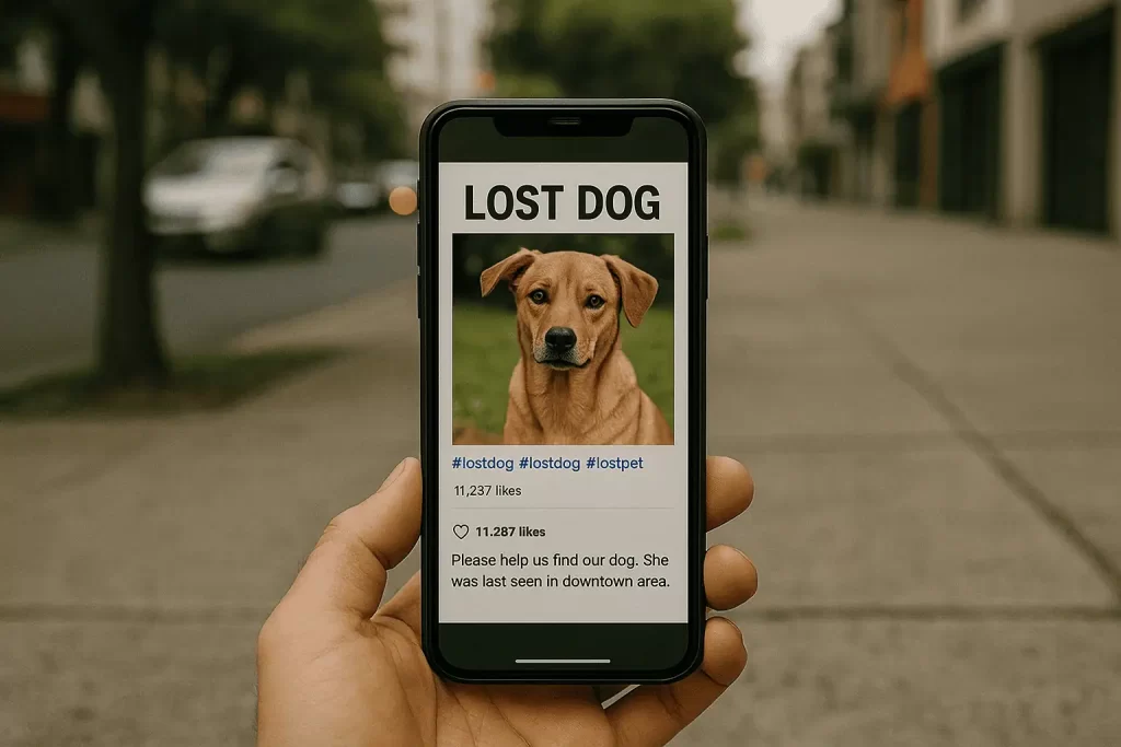 Teléfono con publicación viral de un perrito perdido en redes sociales