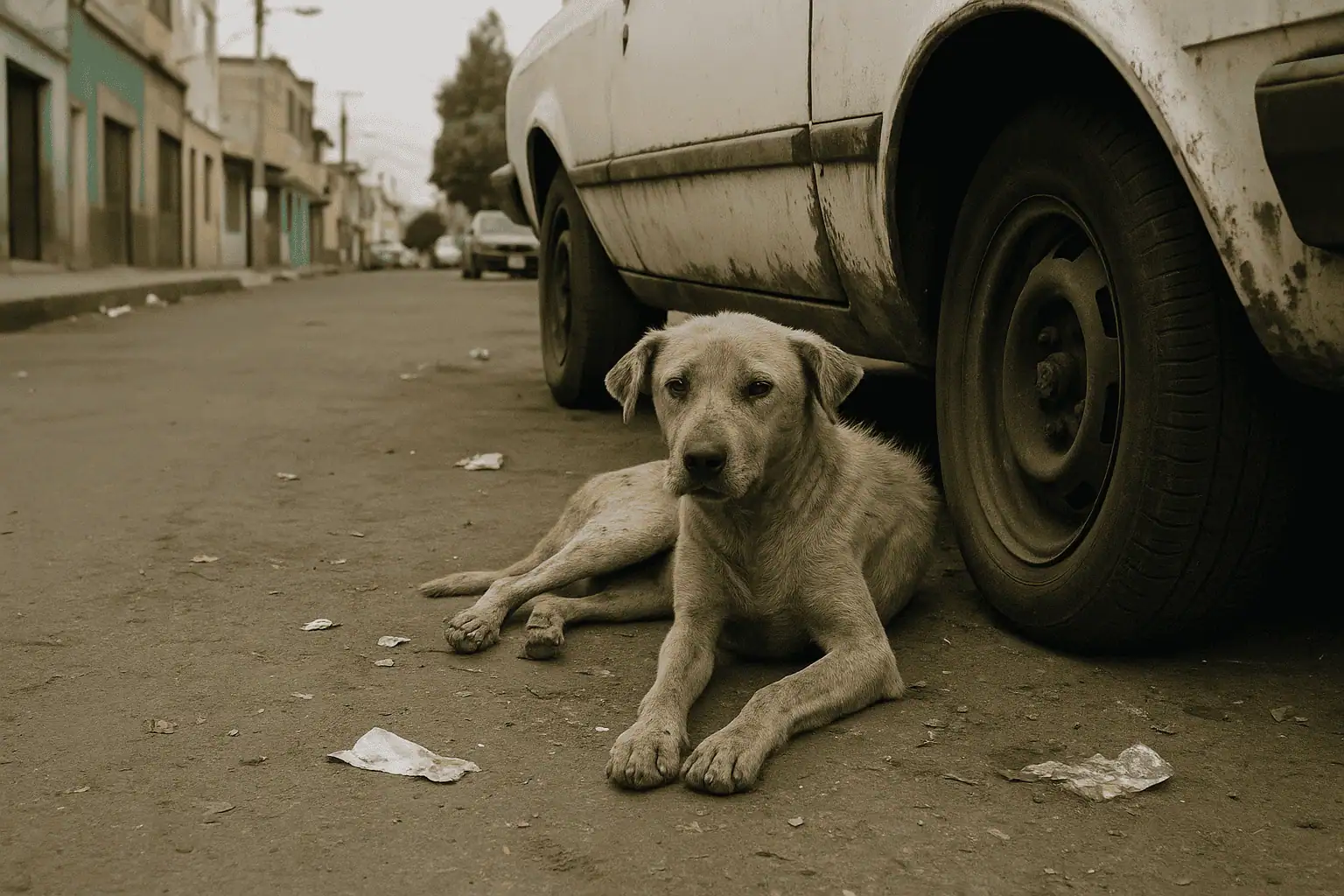 Perro bajo un automóvil sucio y en condiciones precarias, posible víctima de maltrato animal.