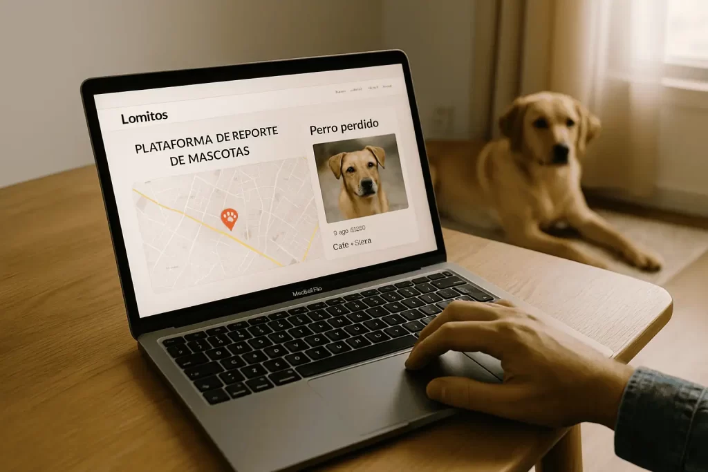 Persona usando un mapa digital de perros perdidos en su laptop